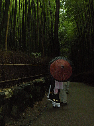 Geisha in Japan along Bamboo walk